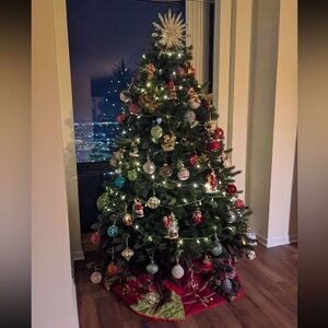 Balsam Hill Xmas Tree and bag, Ornaments and Storage Unit, and Tree Skirt.